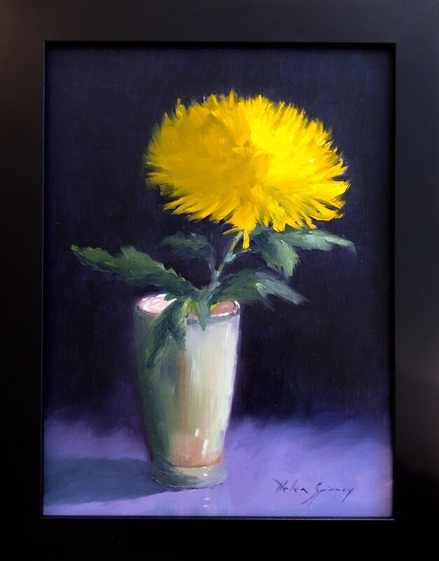 Yellow Mum, Oil 9x12&quot; Framed 11x14