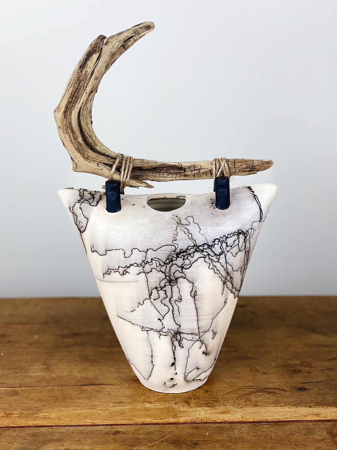 Horsehair Raku Vase With Driftwood 16
