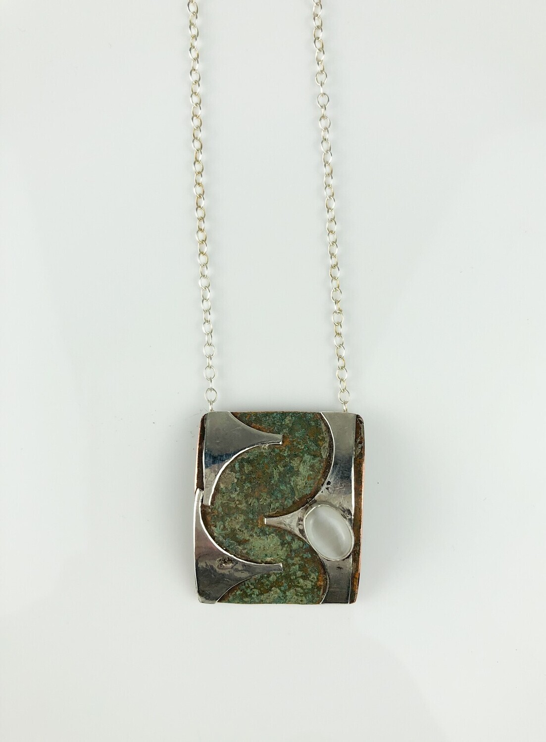 Verdigris Pendant With Sterling Silver Relief and Catseye