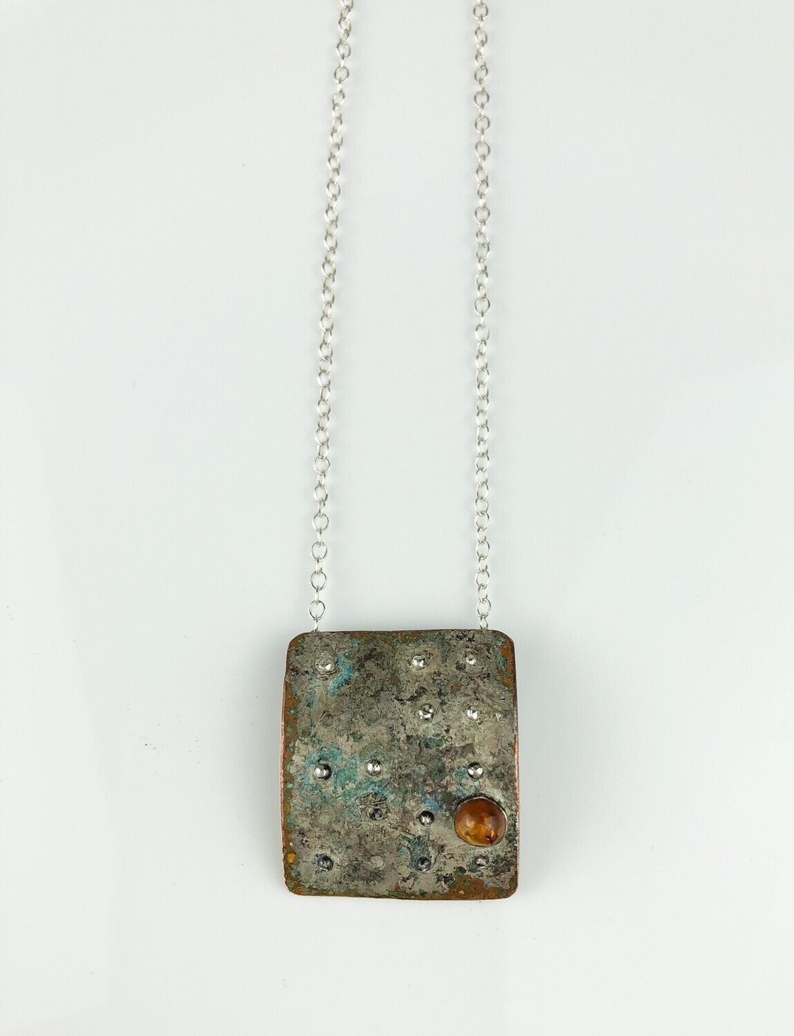 Verdigris Pendant with Sterling Relief and Amber