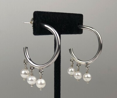 White Cultured Pearl Sterling Silver Hoop Earrings