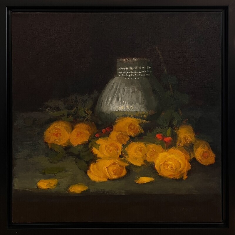 &quot;Roses Jaunes&quot; Oil, 16x16&quot; Framed 18x18&quot;