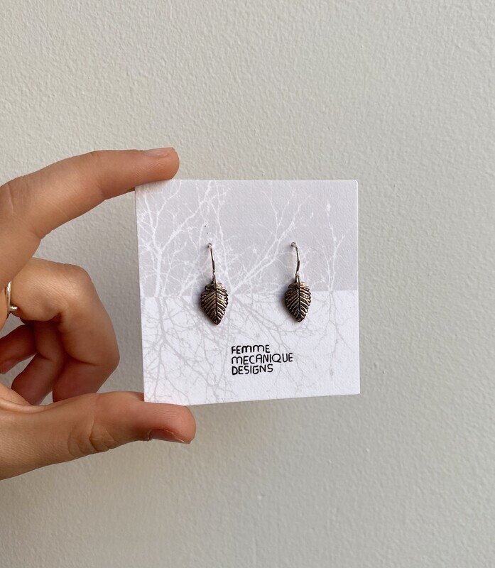 Elm Leaf Hook Earrings Semi Oxidized Sterling Silver