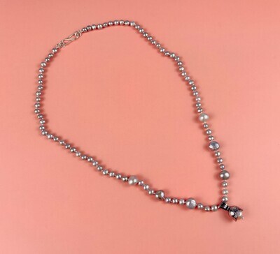 Light Grey Irradiated Pearl Chain w/ Small Open Pearl Bell Pendant