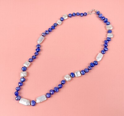 Blue and White Rectangular Pearl Necklace 21