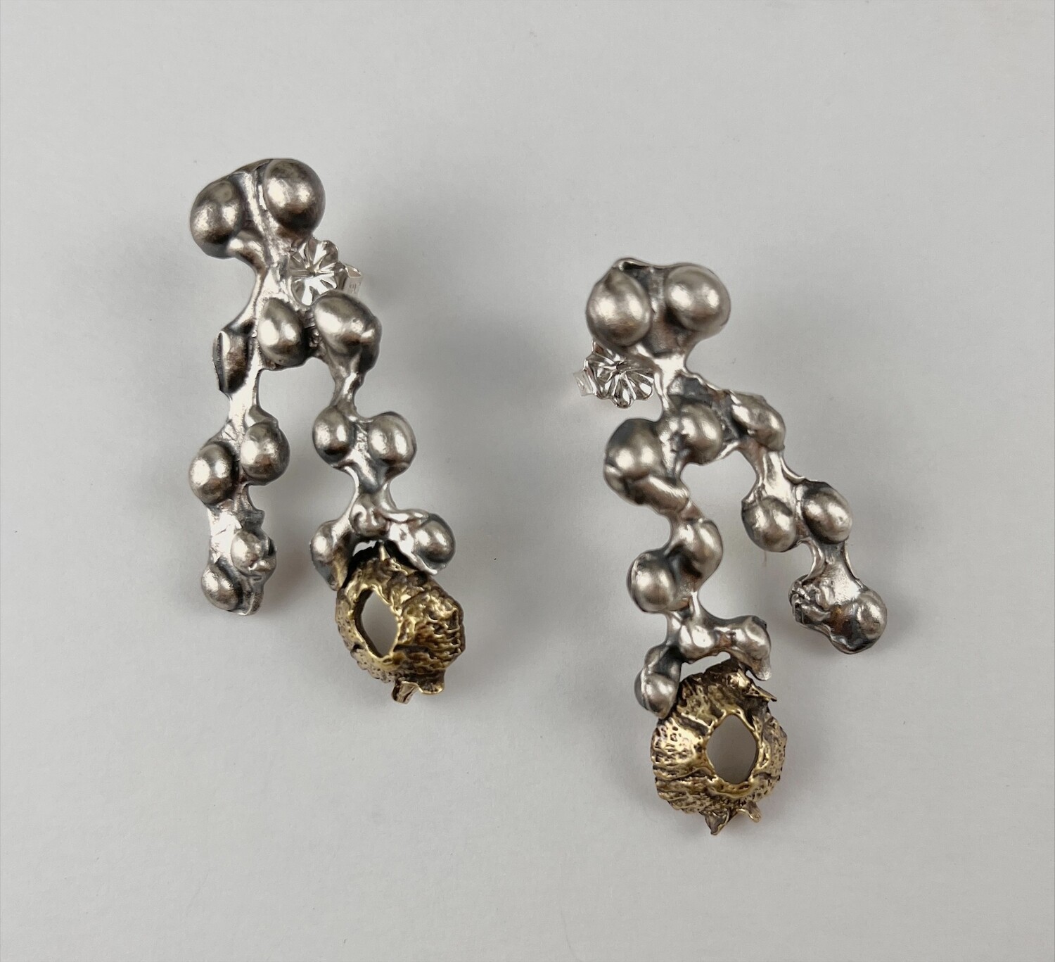 Seaweed & Barnacle Post Earrings Sterling Silver & Yellow Brass