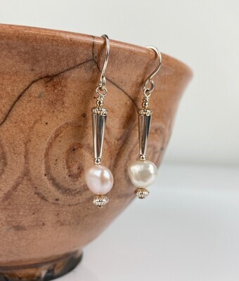 Earrings White Pearl with Cone Drop