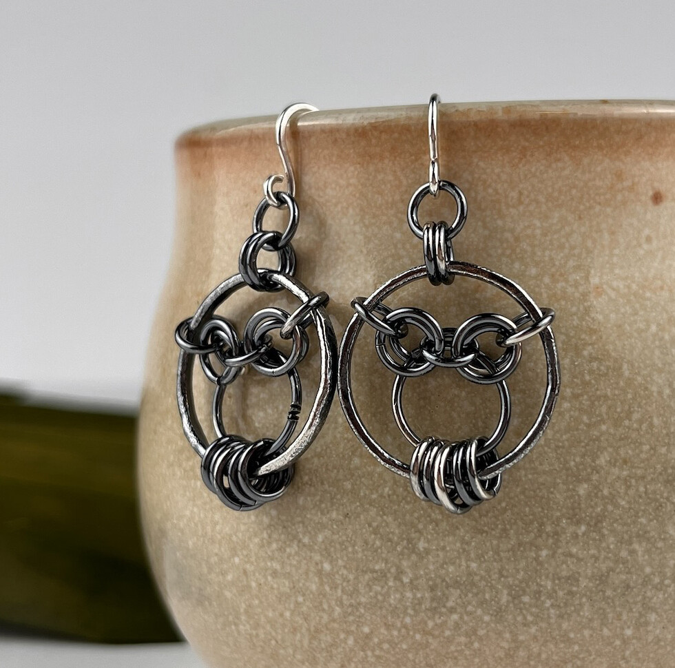 Chainmail Owl Earrings Oxidized Silver