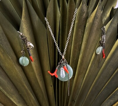 Coral & Nephrite Earring and Necklace Set Oxidized SS