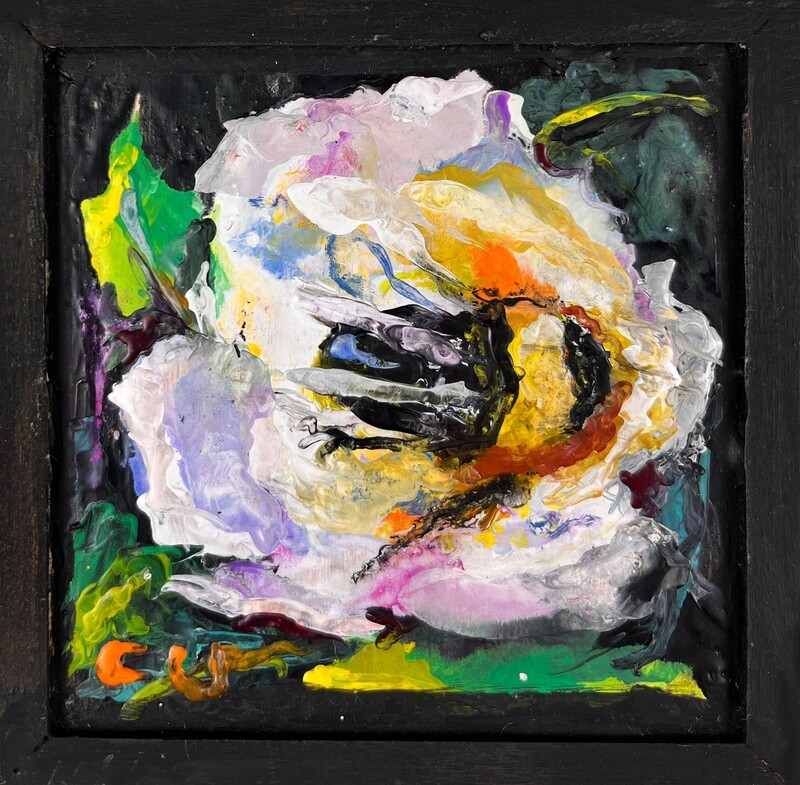 "Miss Busy Bee" Encaustic Painting on Wood 4x4"