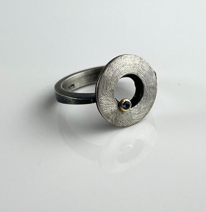 Dimitri Gagnon Morris Saint John New Brunswick Canada Canadian Jewelry Handworks Blue Sapphire, 18K Setting Oxidized Silver