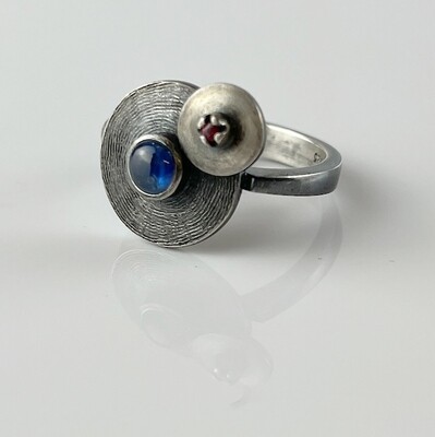 Hatching Ring w/ Red Spinel and Sapphire Cabochon Oxidized SS Size 8