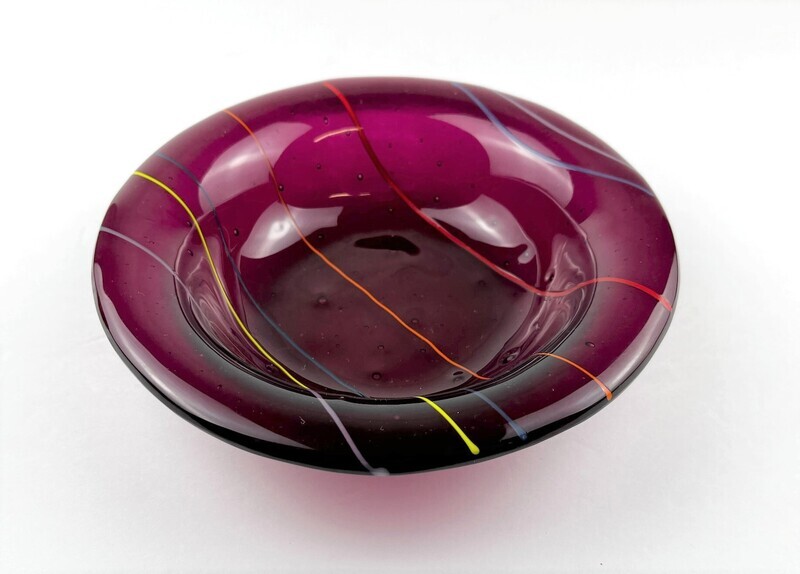 Red Glass Bowl with Colorful Stripes 6"