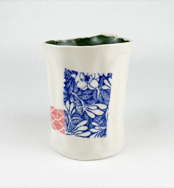 Blue &amp; Red Floral Imprint on White  Precious Porcelain Mug