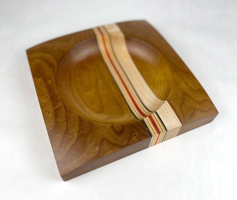 Square Wooden Console Table Bowls Made w/ Various Woods and Repurposed Skateboard