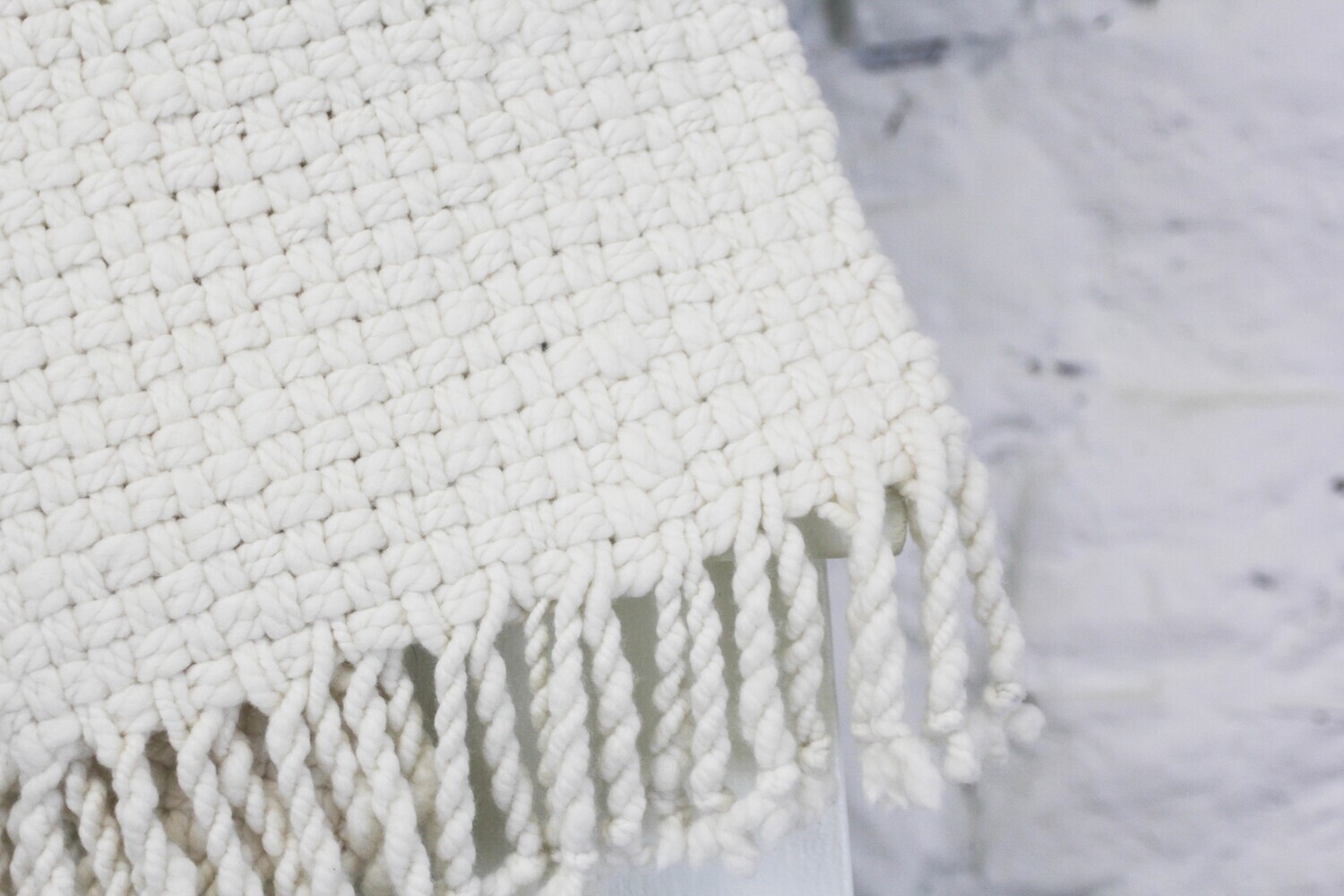 White Merino Basket Weave Wool Scarf
