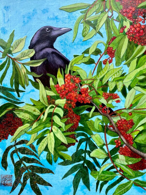 "A Crow and Red Berries" 12x16" Mixed Media
