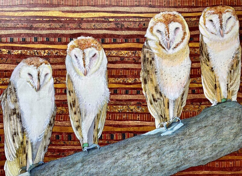 "Four Barn Owls II" 24" x 18"  Mixed Media