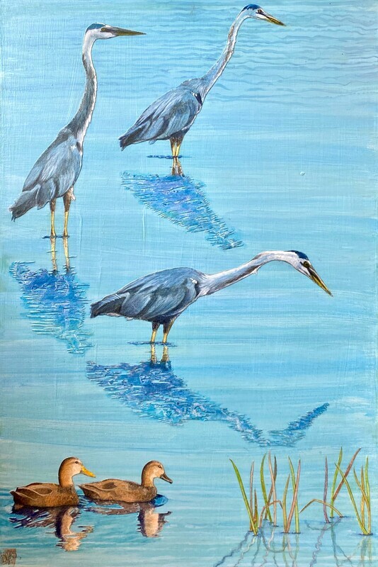 "Three Herons, Two Ducks in the Early Morning Light" 24x36" Mixed Media