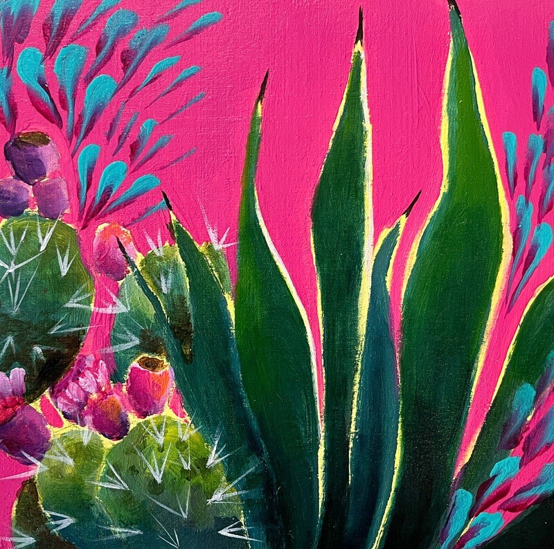 &quot;Cacti at Dusk II&quot; Mixed Media Acrylic and Oil 8x8&quot;