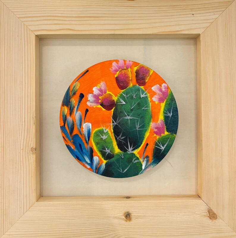 &quot;Cacti at Dusk VII&quot; Mixed Media Acrylic and Oil 4” round, Framed 8x8&quot;