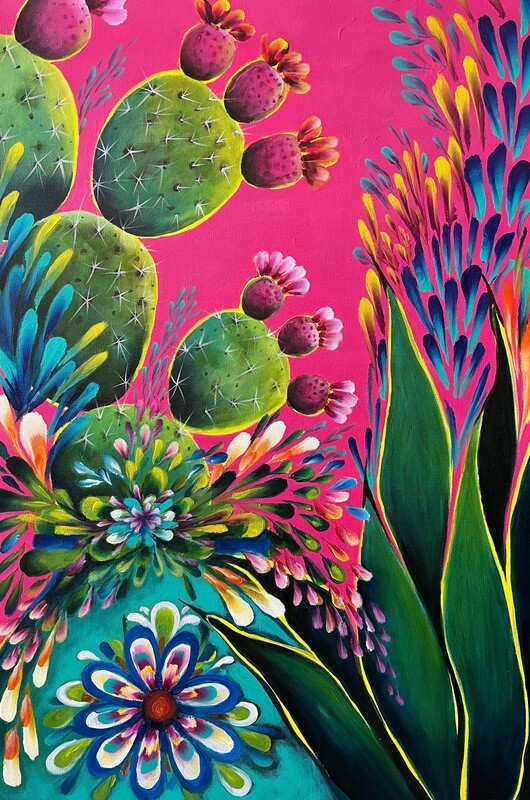 &quot;Cacti at Dusk&quot; Mixed Media Acrylic and Oil 24x36&quot;