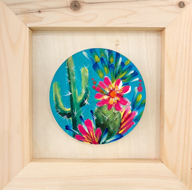 &quot;Cacti at Dusk VIII&quot; Mixed Media Acrylic and Oil 4&quot; round, framed 8x8&quot;
