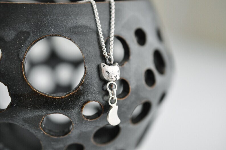 Silver Cat Moon Necklace 16" Chain
