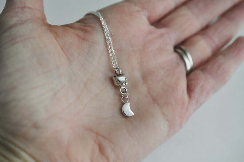 Silver Cat Moon Necklace 16" Chain