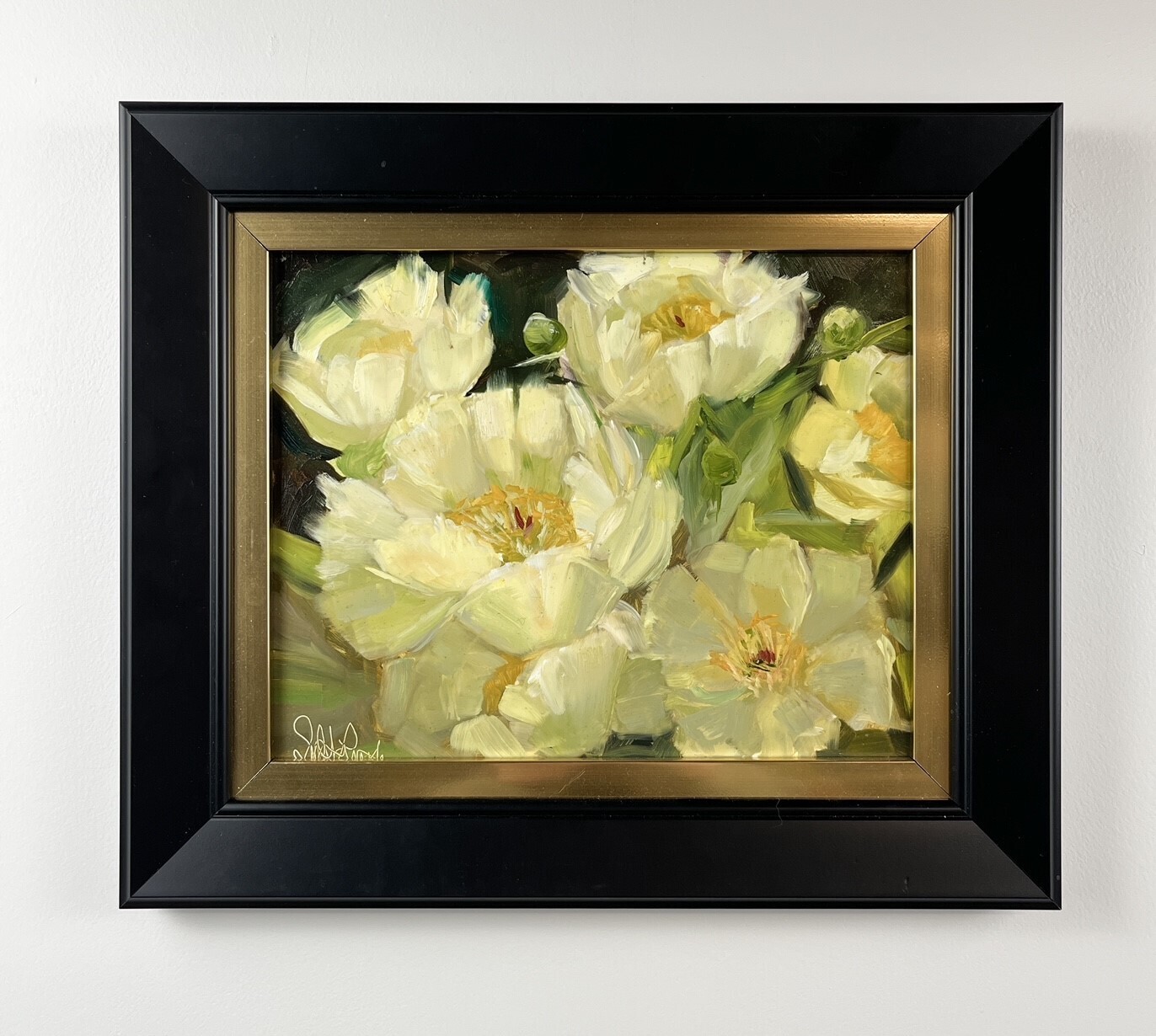 "White Peonies" 8x10" Oil on Panel Framed 13.75x11.75"