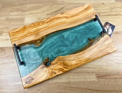 Olive Wood with Green River Epoxy Serving Tray with Handles
