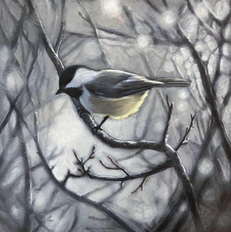 &quot;Springtime Chickadee&quot; 16x16&quot; Acrylic Painting on Wood Canvas