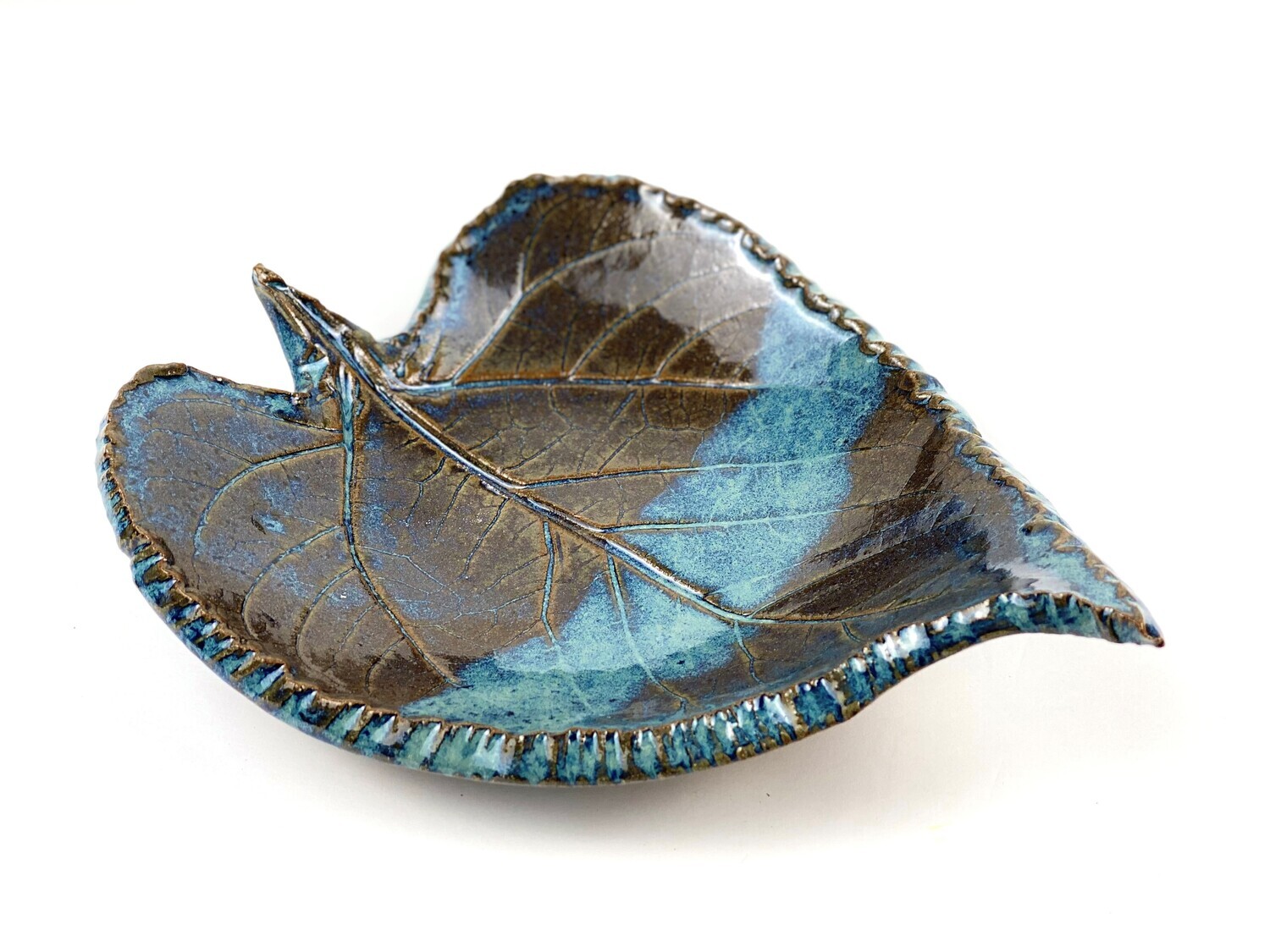 Teal Leaf pottery dish, Size: A-9.5x7.5&quot;