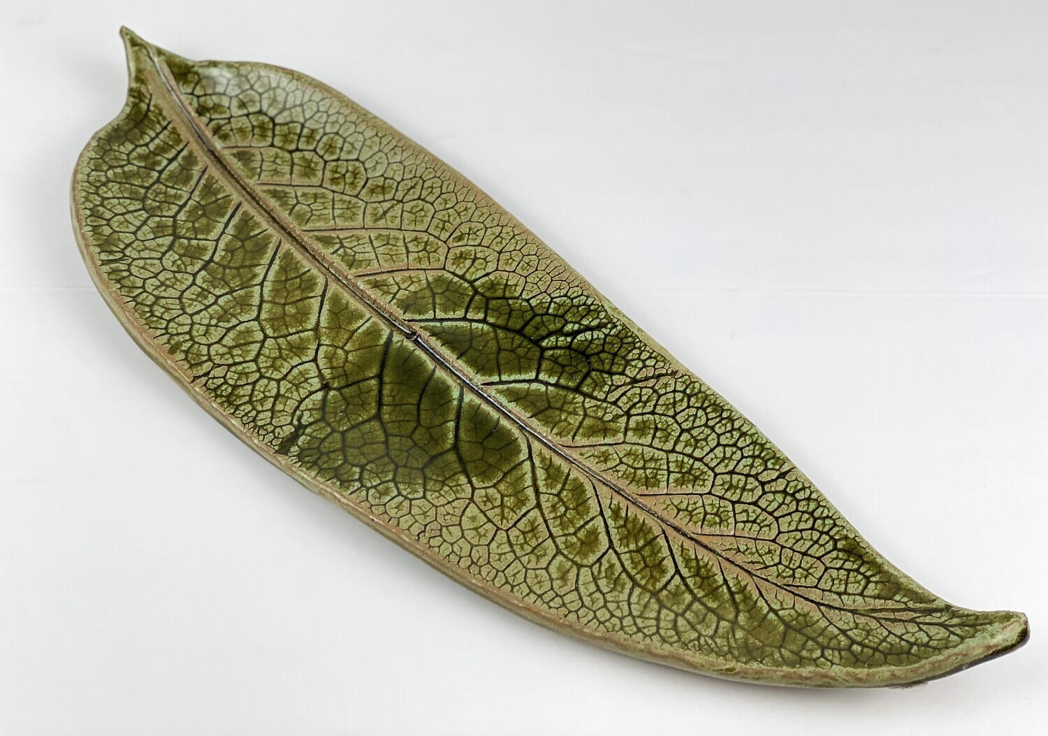 Long Leaf pottery tray/ dish- brown/ olive, size: A-16.75x6&quot;