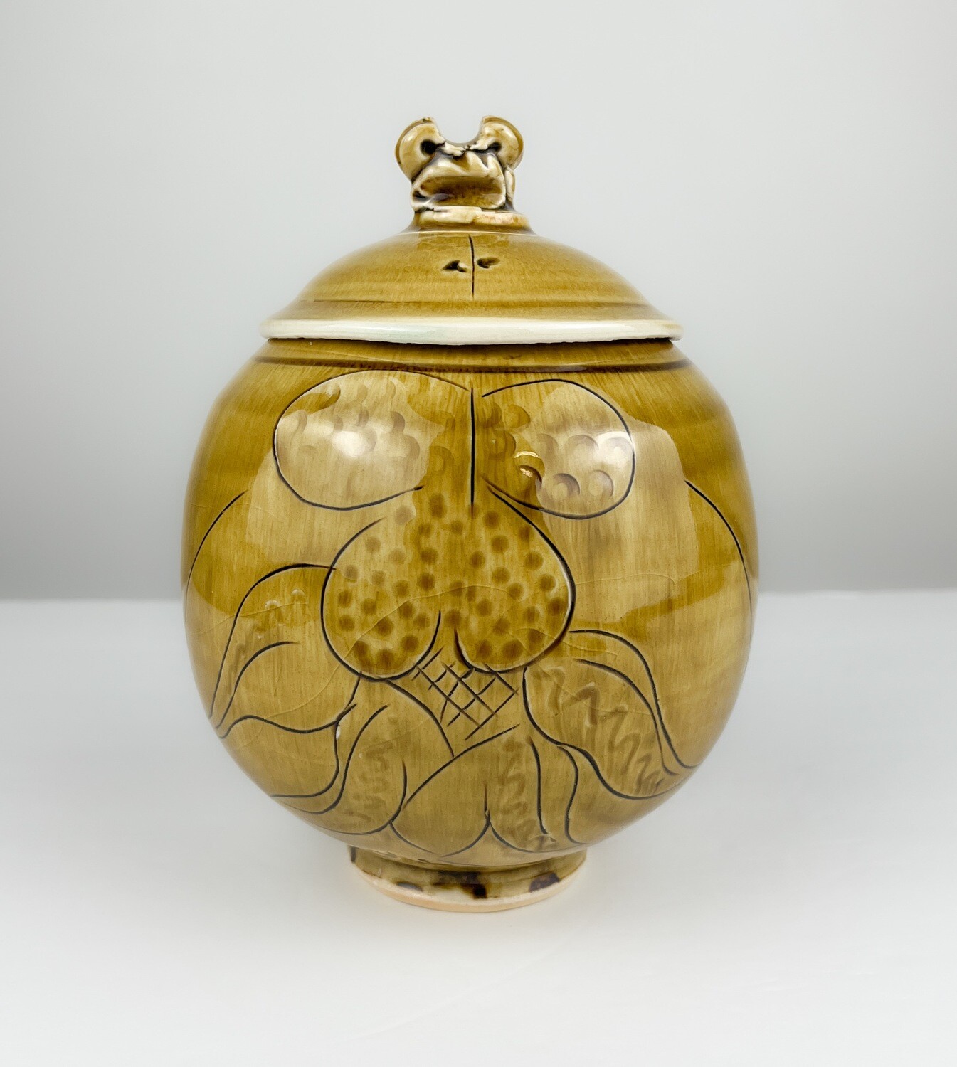 Covered Pottery jar Honey Glaze