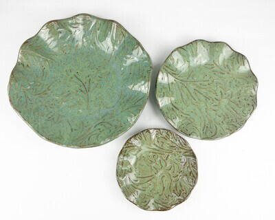 Textured Scalloped Green Pottery Dishes