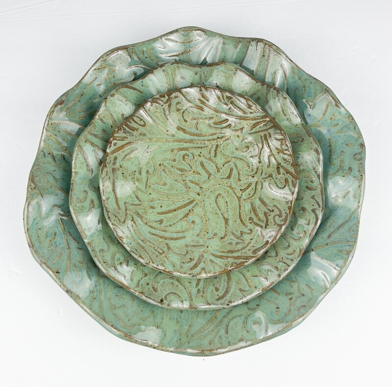 Textured Scalloped Green Pottery Dishes