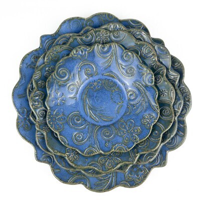 Textured Scalloped Blue Pottery Dishes