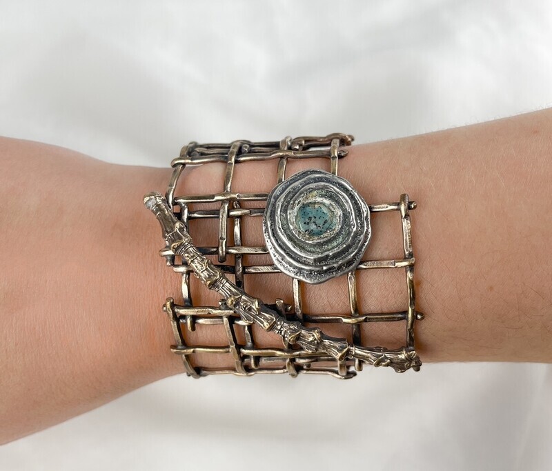 Twig &amp; Button Grid Cuff SS, Bronze &amp; Enamel 5.5cm
