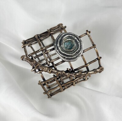 Twig & Button Grid Cuff SS, Bronze & Enamel 5.5cm