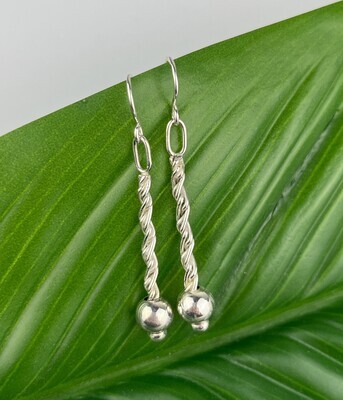 Twisted Double Wire and Silver Ball Sterling Silver Earrings 40mm Drop
