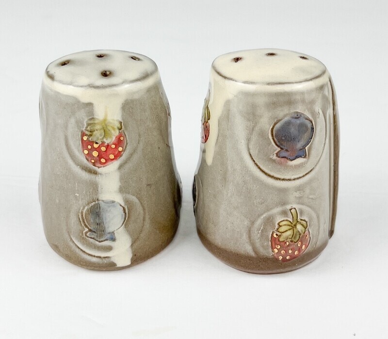 Handbuilt Salt &amp; Pepper Shakers Strawberry and Blueberry Red Clay &amp; Gold