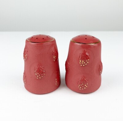 Handbuilt Salt & Pepper Shakers Strawberry Red Clay & Gold