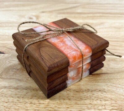 Set of 4 Walnut Wooden Coasters with Orange Epoxy