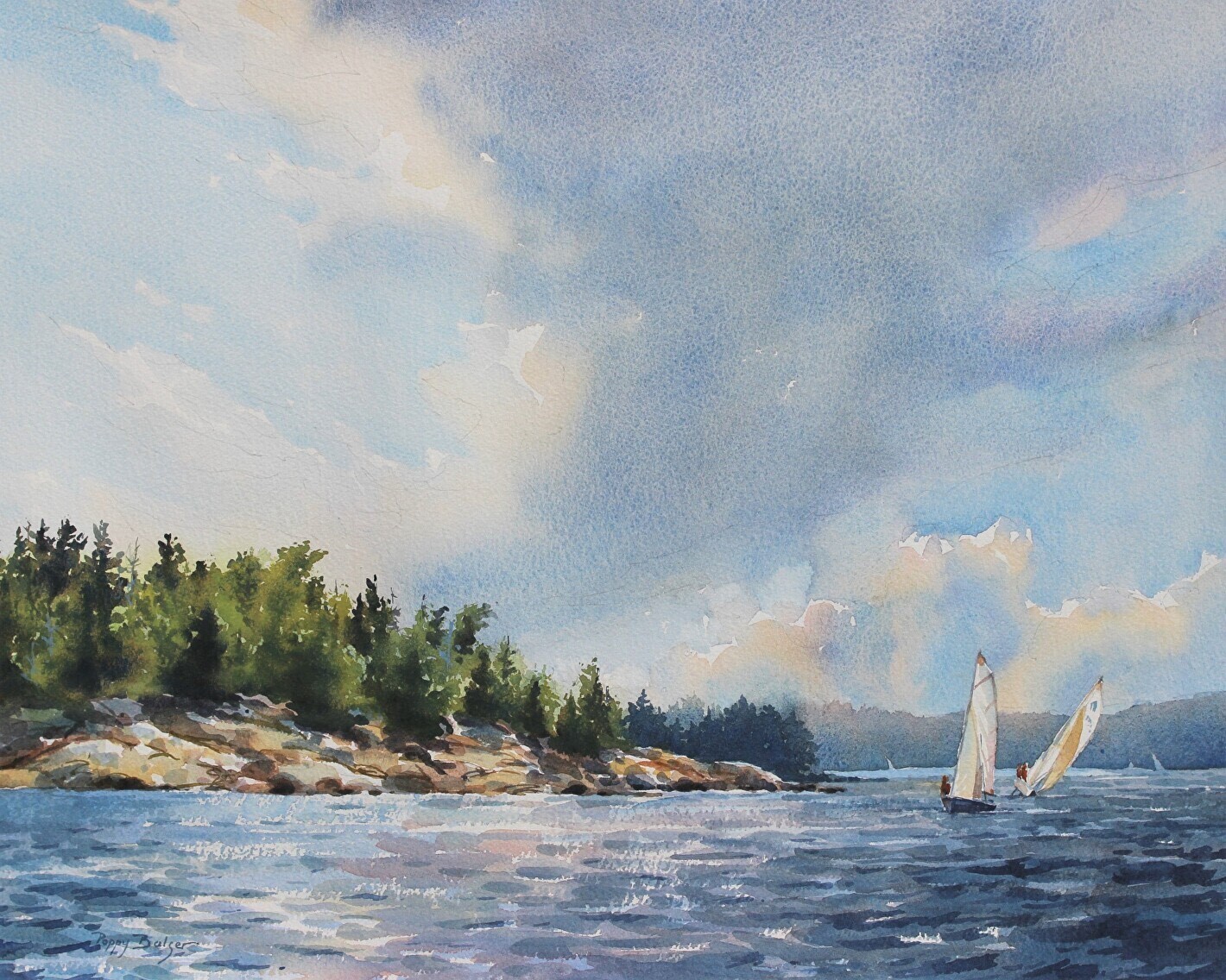 "Sailboats Summer Dance" Watercolor 16x20" Framed