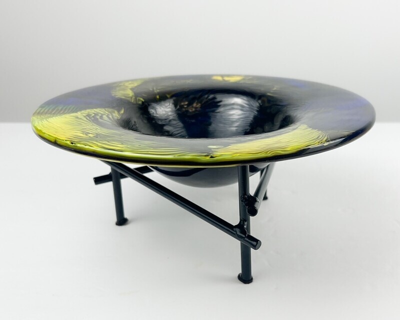 Blue/Yellow Round 8.5" Glass Dish with Tripod Stand