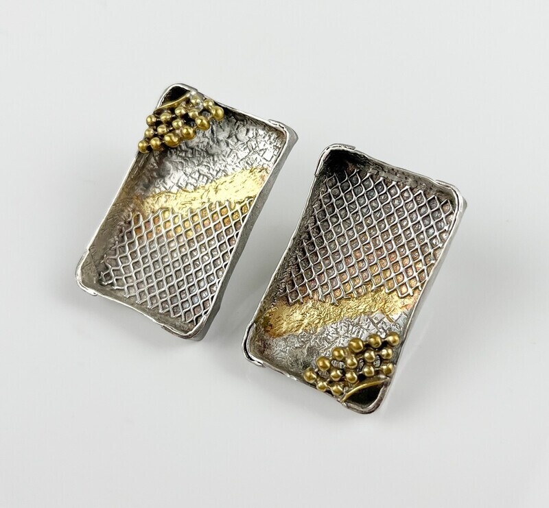 Tray Post Earrings SS, Yellow Brass, Enamel & 24K Keum Boo