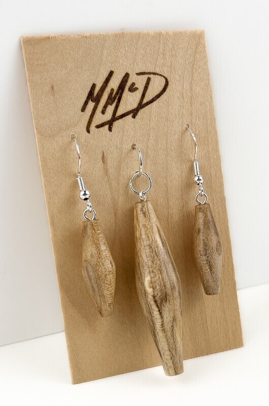 Turned Wood Earrings and Pendant Set Silver Plated