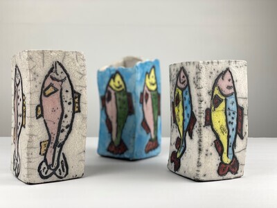 Square Fish Raku Pottery Vase