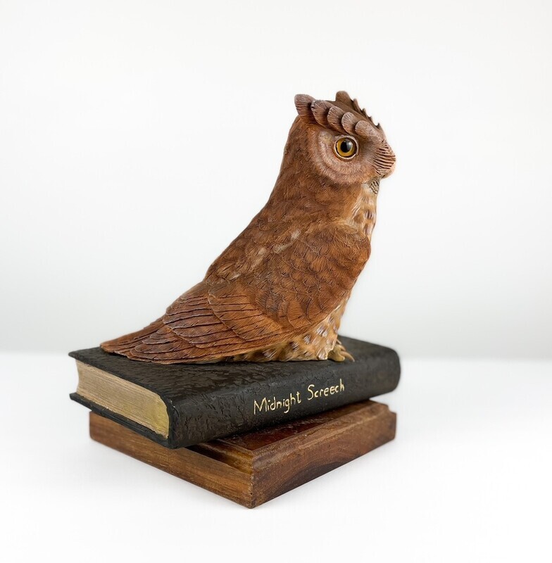 Timothy Griffin Saint John New Brunswick Canada Handworks Gallery Canadian Woodwork Screech Owl on Leather Book Sculpture